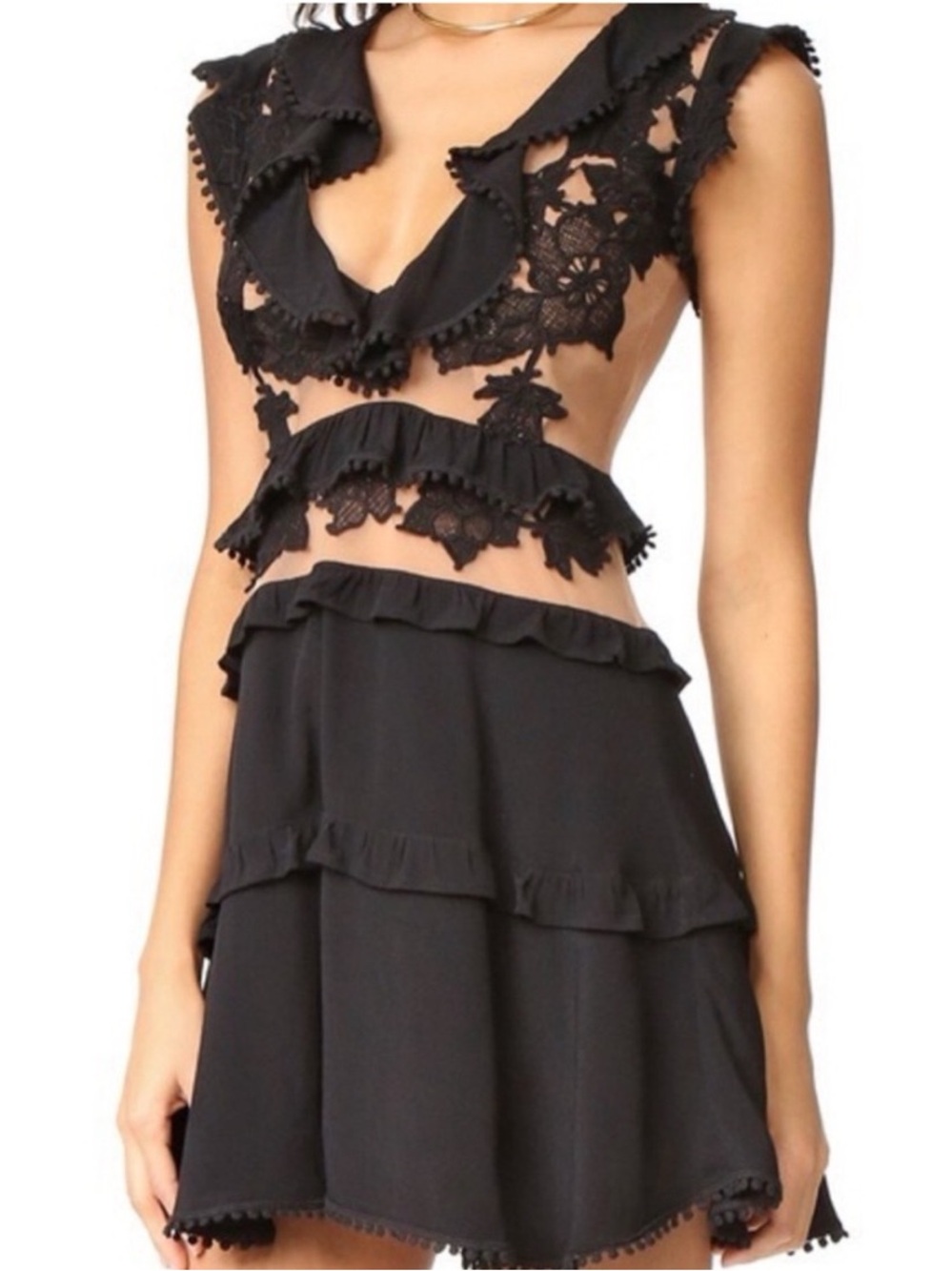 For Love & Lemons Laney Lou Black Sheer Ruffle Dress